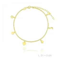 Tobillera Plata de Ley 925m chapada en oro 21 cm. corazones flores es