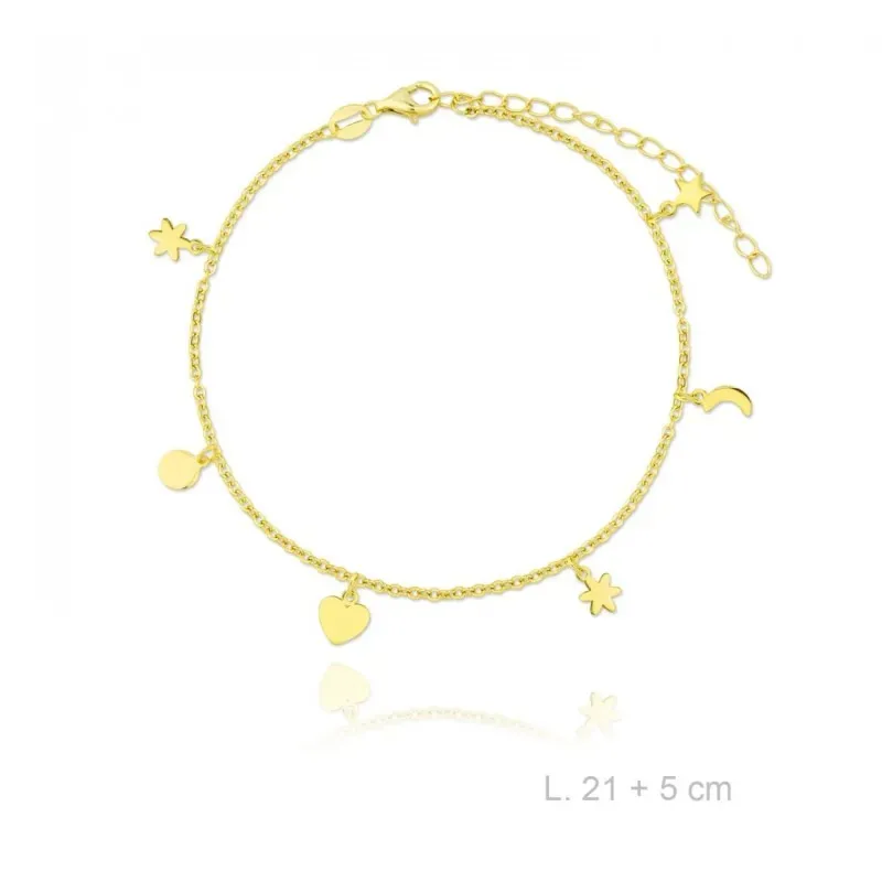 Tobillera Plata de Ley 925m chapada en oro 21 cm. corazones flores es