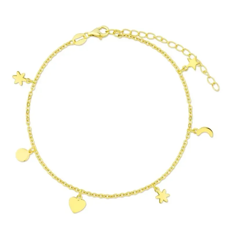 Tobillera Plata de Ley 925m chapada en oro 21 cm. corazones flores es