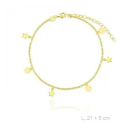 Tobillera en Plata de Ley 925m chapada en oro con 21 cm. colgantes co
