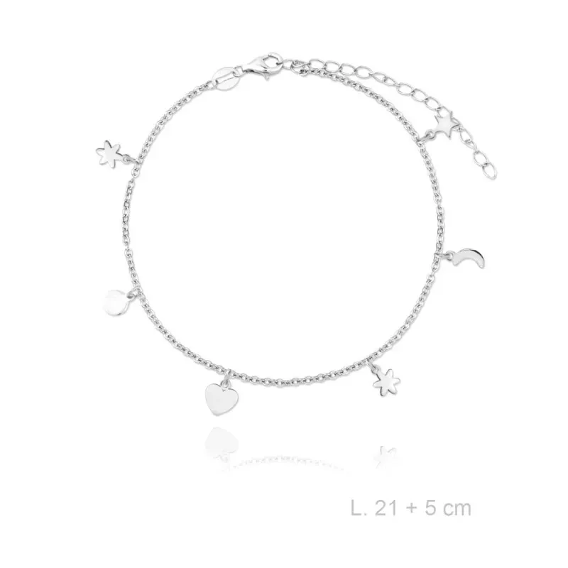 Tobillera en Plata de Ley 925m con 21 cm. corazones flores estrella l