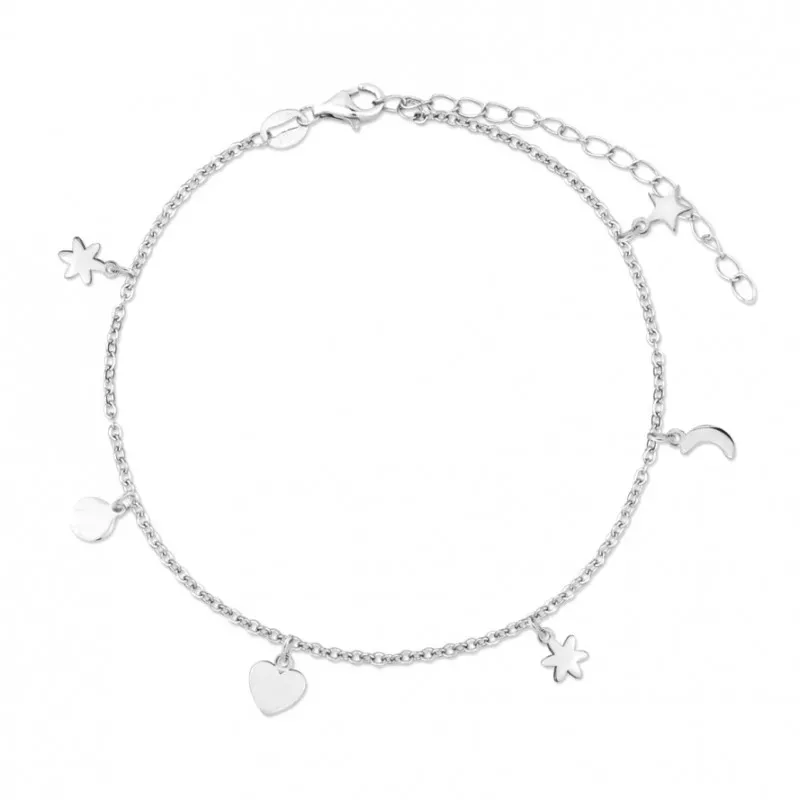 Tobillera en Plata de Ley 925m con 21 cm. corazones flores estrella l