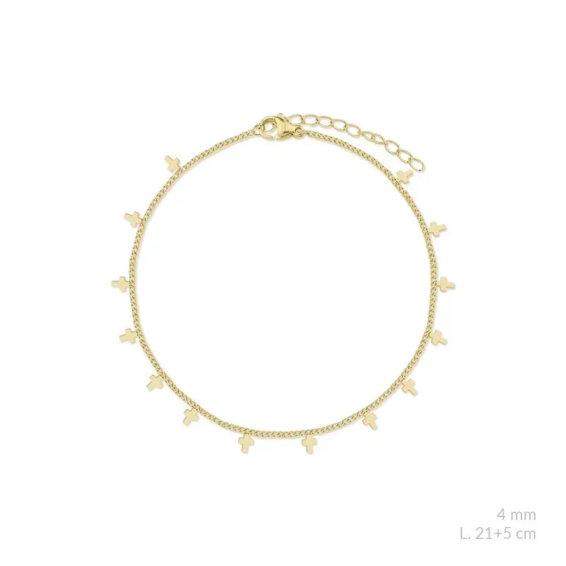 Tobillera en Acero Inoxidable chapado en oro con 21 cm. cruces colgan
