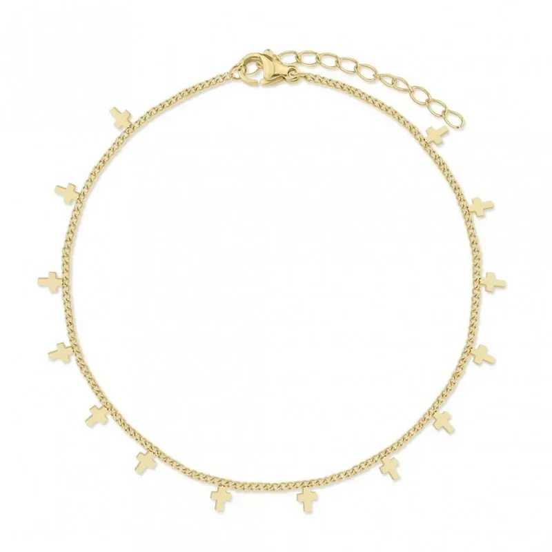 Tobillera en Acero Inoxidable chapado en oro con 21 cm. cruces colgan