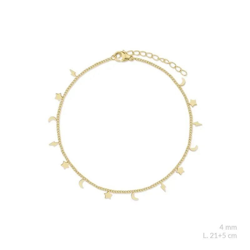 Tobillera en Acero Inoxidable chapado en oro con 21 cm. colgantes de