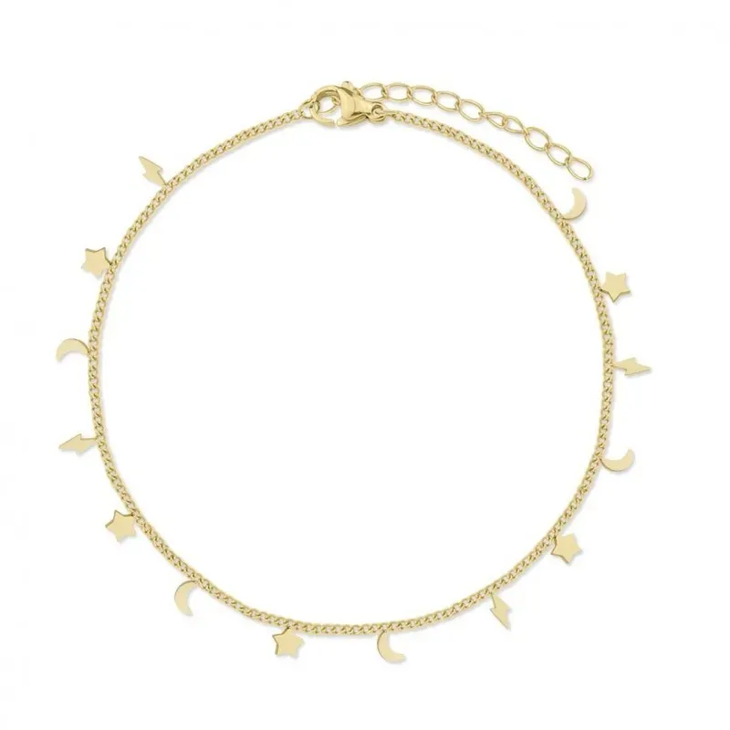 Tobillera en Acero Inoxidable chapado en oro con 21 cm. colgantes de
