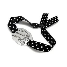 Pulsera plata Ley 925m placa BAILA CON EL ALMA flamenca lazo lunares color negro adaptable