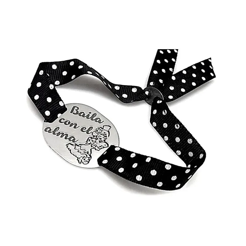 Pulsera plata Ley 925m placa BAILA CON EL ALMA flamenca lazo lunares color negro adaptable