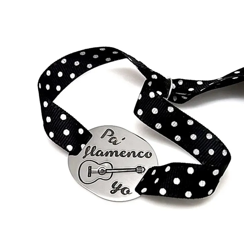 Pulsera plata Ley 925m chapa PA FLAMENCO YO guitarra lazo lunares blancos cierre adapatador plata