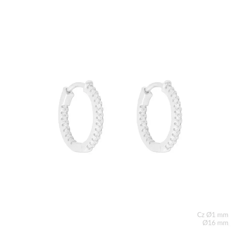 Aros Pendientes Argollas en Plata de Ley 925m con 16 mm. circonitas