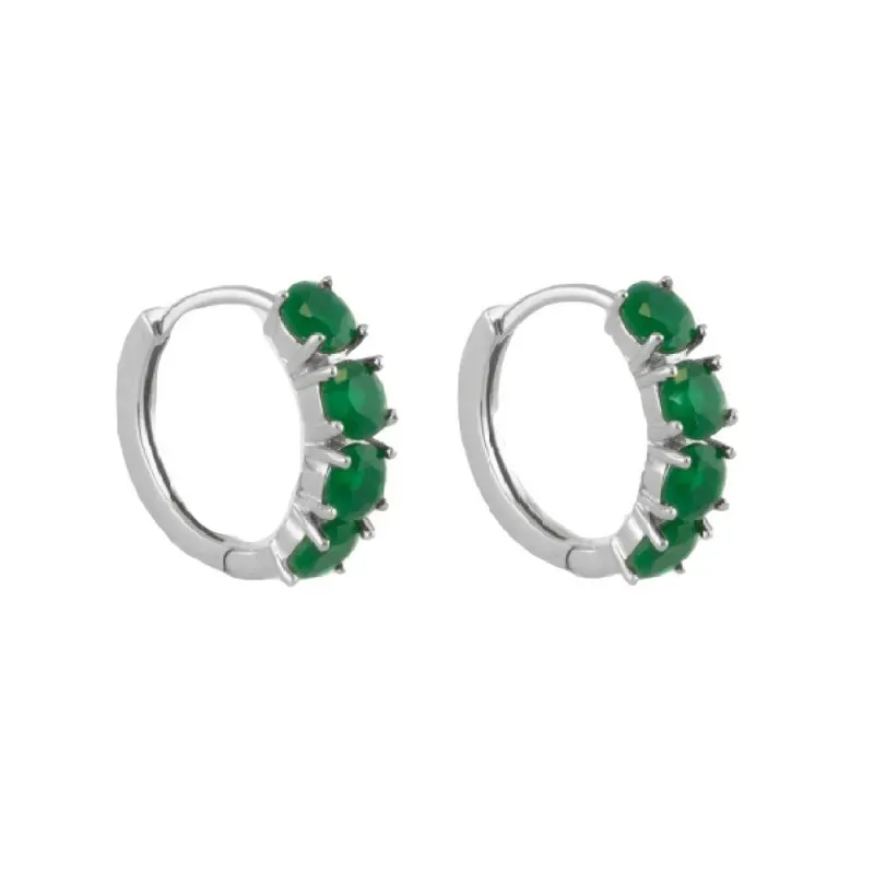 Aros Pendientes en Plata de Ley 925m con 15 mm. y 4 circonitas verdes