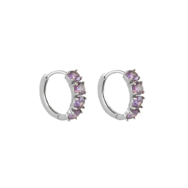 Aros Pendientes en Plata de Ley 925m con 15 mm. y 4 circonitas morada