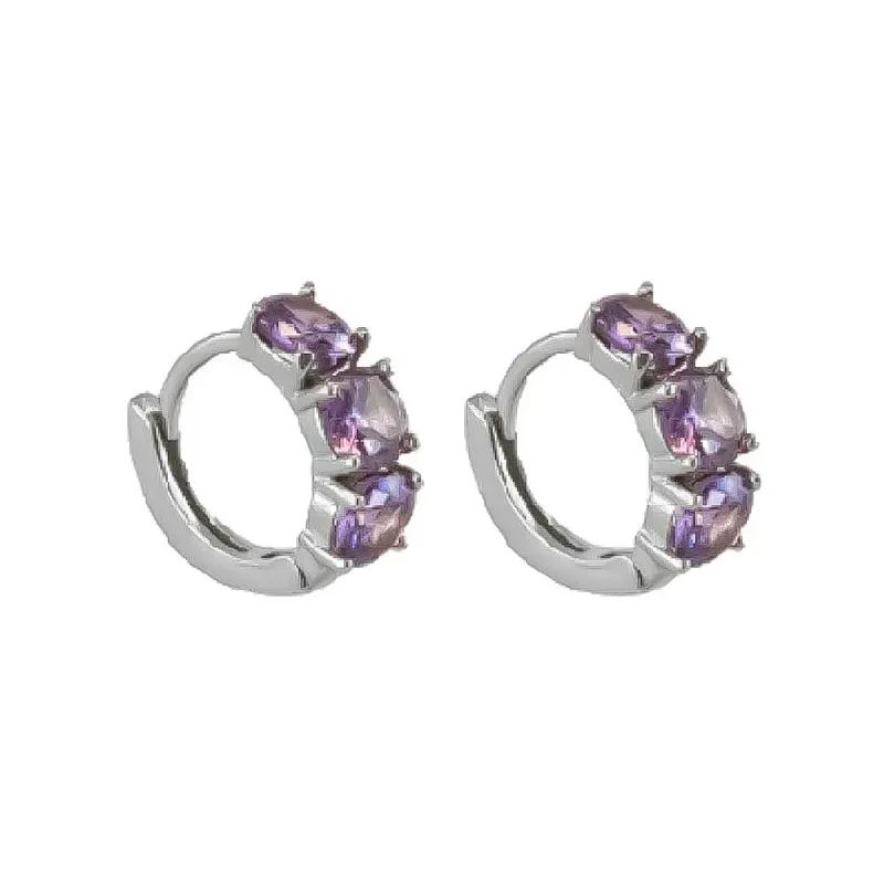Aros Pendientes en Plata de Ley 925m con 10 mm. tres circonitas morad