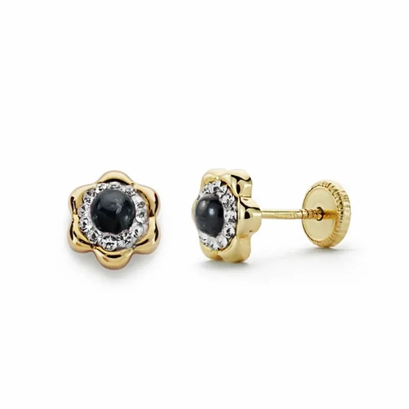 Pendientes oro 18k flor 6mm. zafiro circonitas [AA2108]