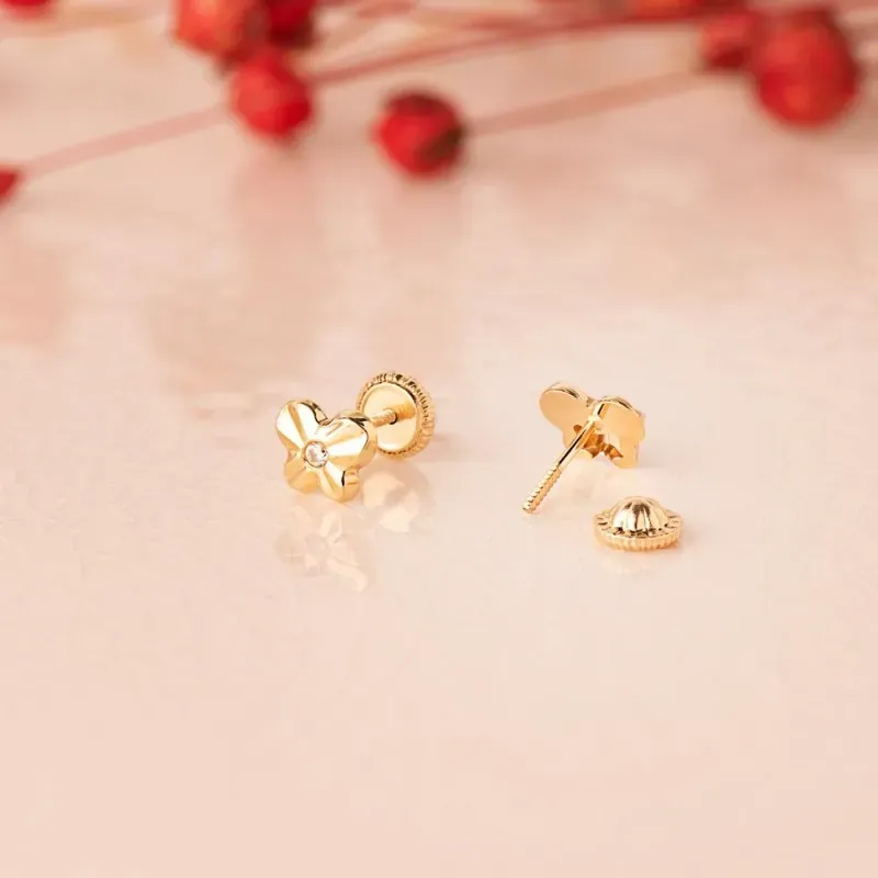 Pendientes Oro 18k niña 6.5 mm. forma mariposa detalle circonita