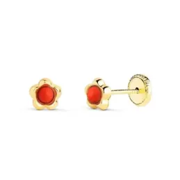 Pendientes de Oro 18k de 5 mm. con piedra de coral en el centro y for