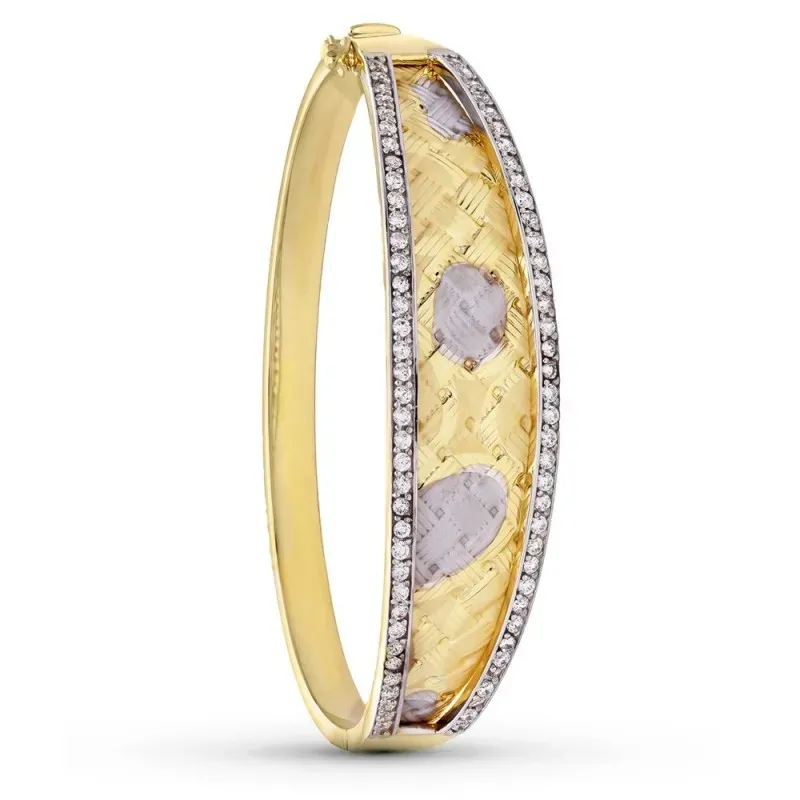 Pulsera Oro 18k bicolor circonitas brillo mate brazalete rígido