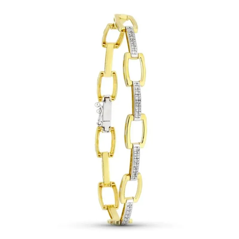 Pulsera Oro 18k bicolor eslabones rectángulos barritas circonitas