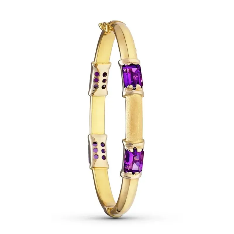 Pulsera Oro 18k brazalete rígido circonitas moradas