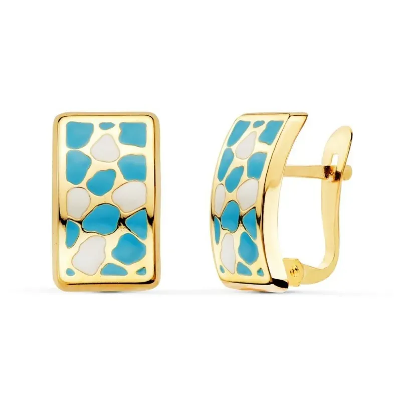 Pendientes Oro 18k mujer 14 mm. rectangulares esmlatados azull blanco