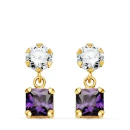 Pendientes Oro 18k mujer 14 mm. dos cuerpos amatista cuadrada combina