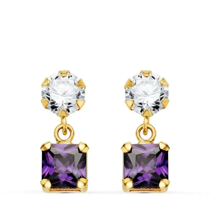 Pendientes Oro 18k mujer 14 mm. dos cuerpos amatista cuadrada combina