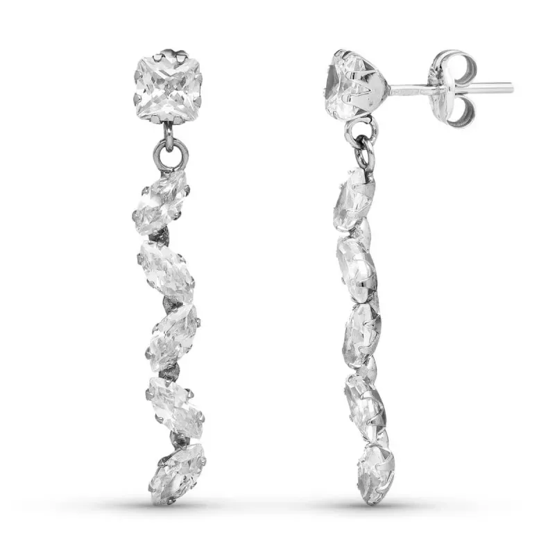 Pendientes Largos de Oro Blanco 9k de 28 mm. con circonitas ovaladas