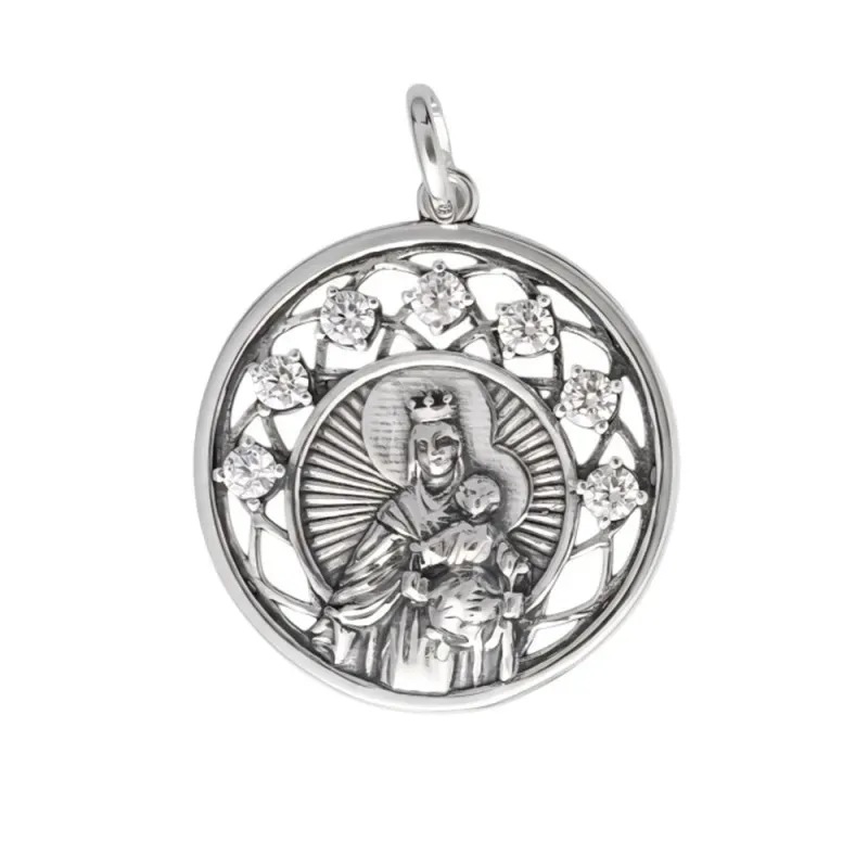 Virgen del Carmen Medalla en Plata de Ley 925m de 27 mm. calada con c