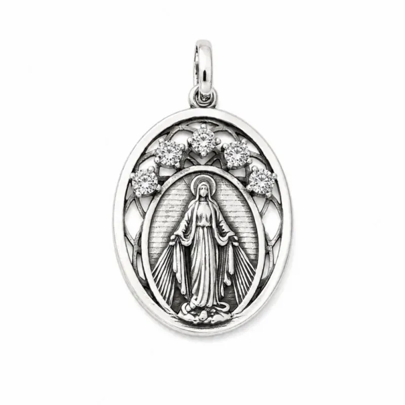 Virgen Milagrosa Medalla en Plata de Ley 925m ovalada de 27 mm. con c