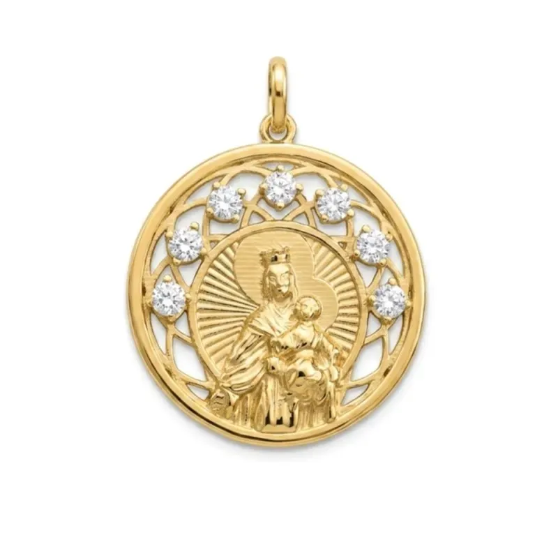 Virgen del Carmen Medalla en Plata de Ley 925m chapada en oro con 27