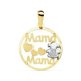 Colgante oro 18k bicolor 18mm. MAMÁ MAMÁ niña corazones [AB8826]