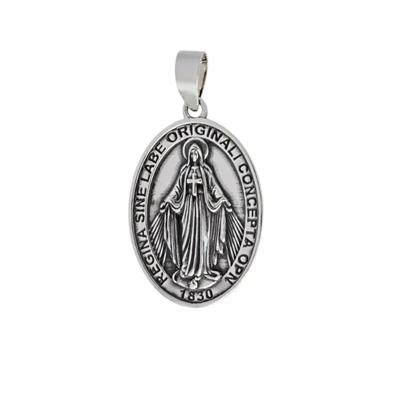Virgen Milagrosa medalla plata Ley 925m ovalada 2.5 cm. detalles