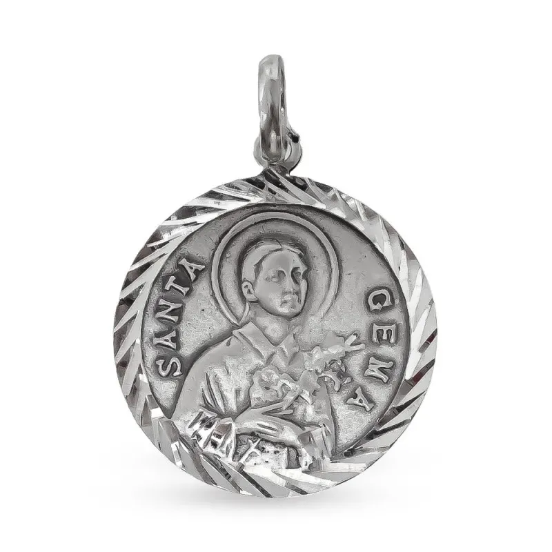 Medalla colgante plata Ley 925m maciza 27mm. Santa Gema cerco tallado brillo trasera lisa borde