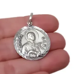 Medalla colgante plata Ley 925m maciza 27mm. Santa Gema cerco tallado brillo trasera lisa borde