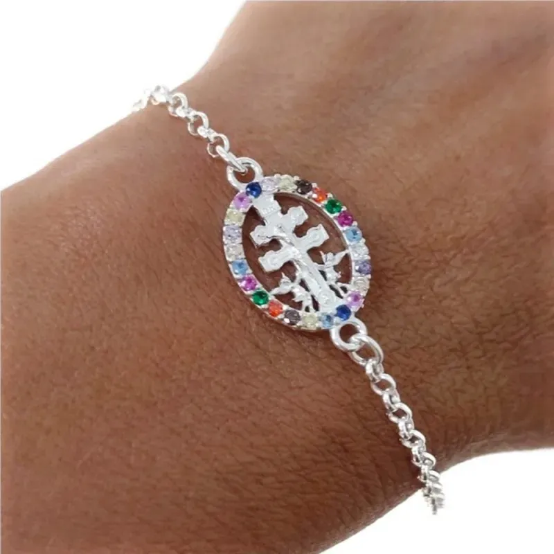 Cruz Caravaca Pulsera Plata Ley 925m 17 cm. Virgen Milagrosa 10 mm. C