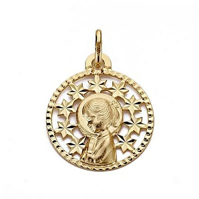 Medalla oro 18k Virgen Niña 19mm. redonda calada [9030]