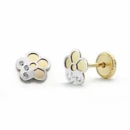Pendientes oro 18k bicolor 6mm. flor circonitas [AA2056]