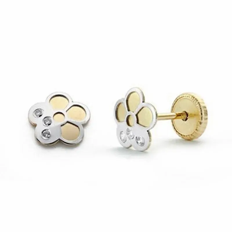 Pendientes oro 18k bicolor 6mm. flor circonitas [AA2056]
