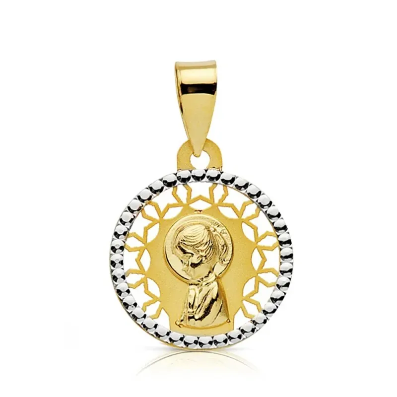 Medalla oro 18k bicolor Virgen niña calada 14mm. [AB2361]