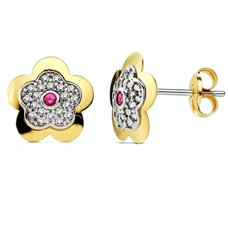 Pendientes oro 18k flor 5 hojas rubí circonita [AB2964]