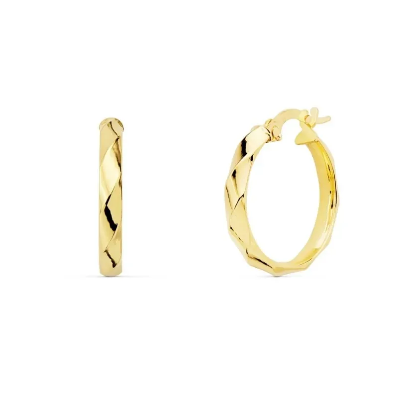 Pendientes oro 18k mujer aros 18mm. media caña bandas brillo cierre palillo