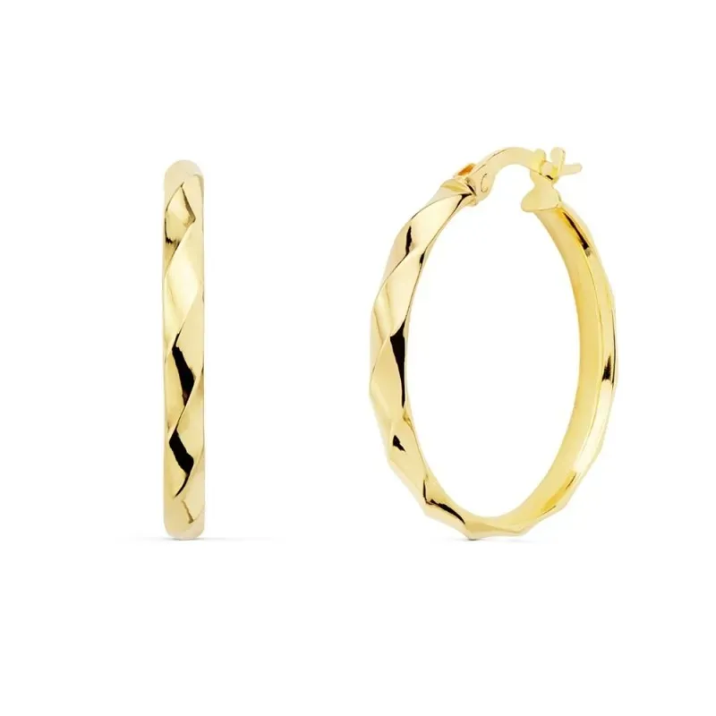 Pendientes oro 18k mujer aros 24mm. media caña bandas brillo cierre palillo