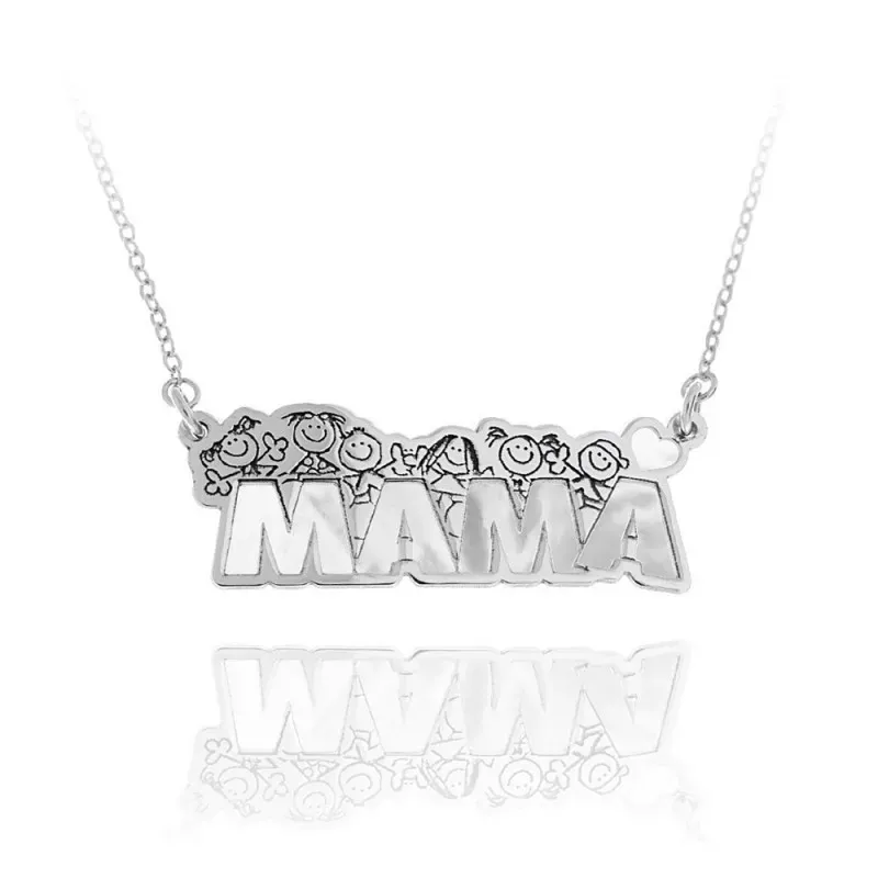 Gargantilla plata Ley 925m rodiada MAMÁ cadena 40cm. borde dibujos niños base nácar cierre mosquetón