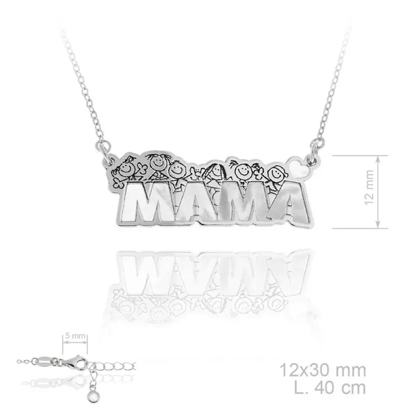 Gargantilla plata Ley 925m rodiada MAMÁ cadena 40cm. borde dibujos niños base nácar cierre mosquetón