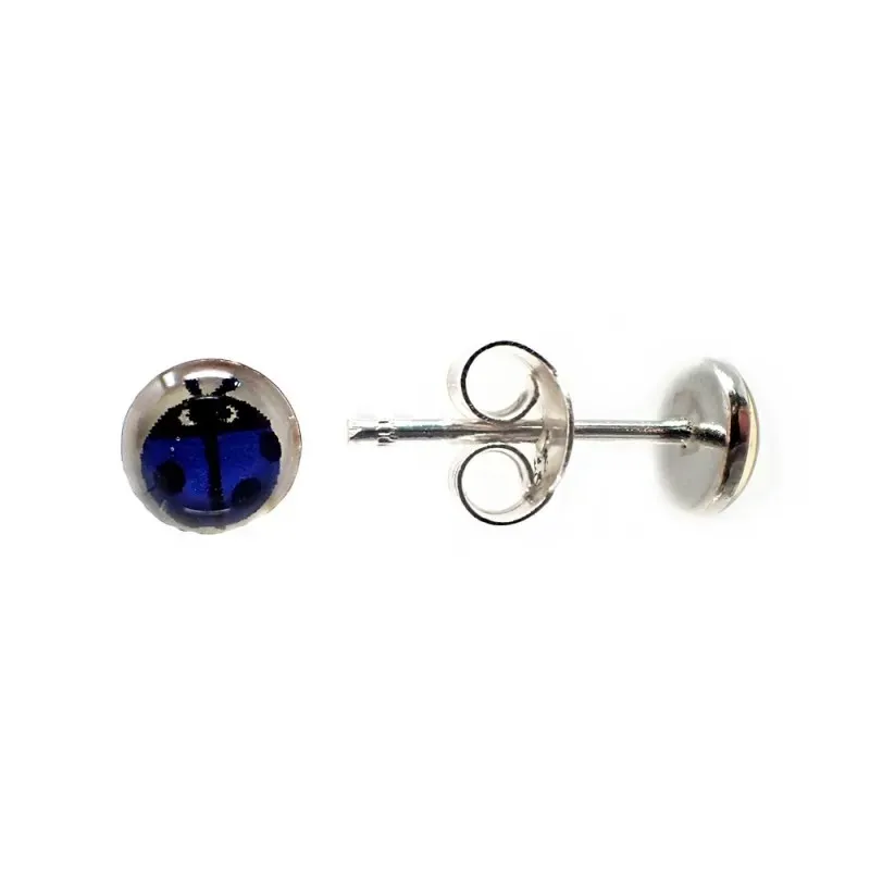 Pendientes plata Ley 925m mariquita azul 5mm. niña cierre presión