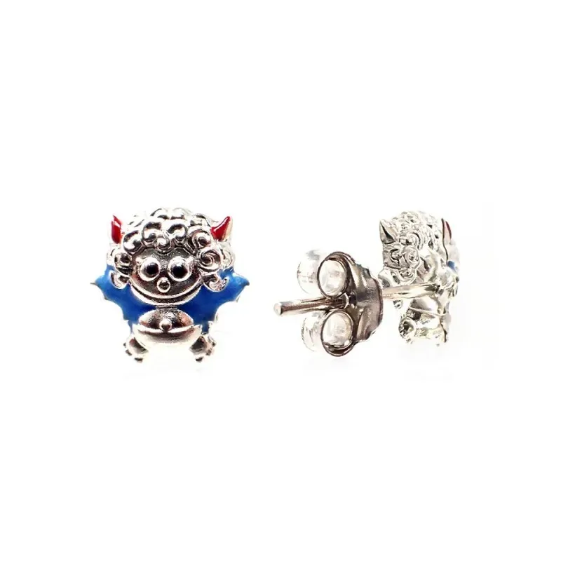 Pendientes plata Ley 925m diablo esmaltado azul 9x8mm. niña cierre presión