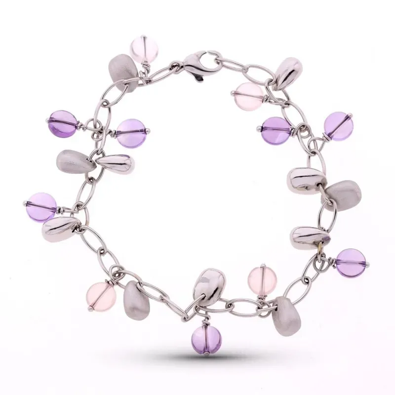 Pulsera oro blanco 18k mujer forzada piedras colgantes mate brillo