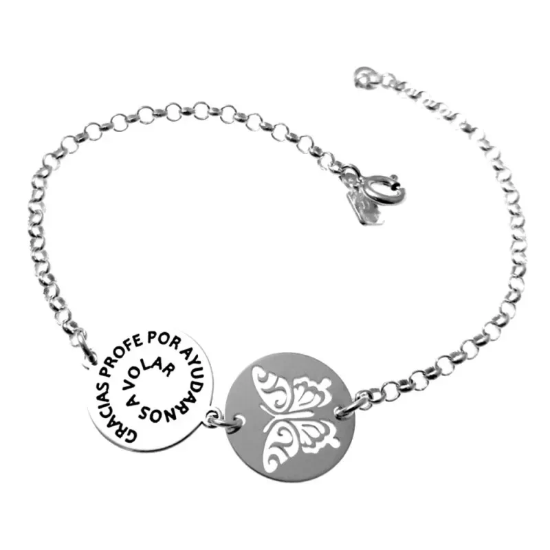 Pulsera plata Ley 925m cadena rolo 19cm. chapas GRACIAS PROFE POR AYU