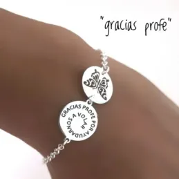 Pulsera plata Ley 925m cadena rolo 19cm. chapas GRACIAS PROFE POR AYU