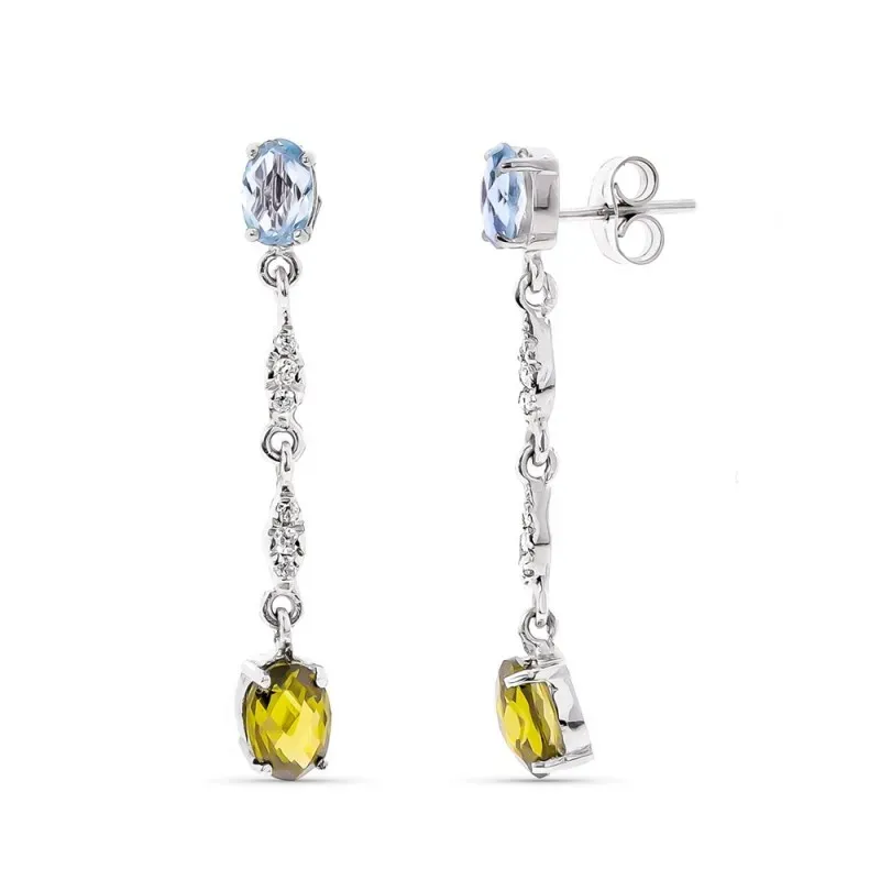 Pendientes oro blanco 18k mujer largos agua marina combinados topacio